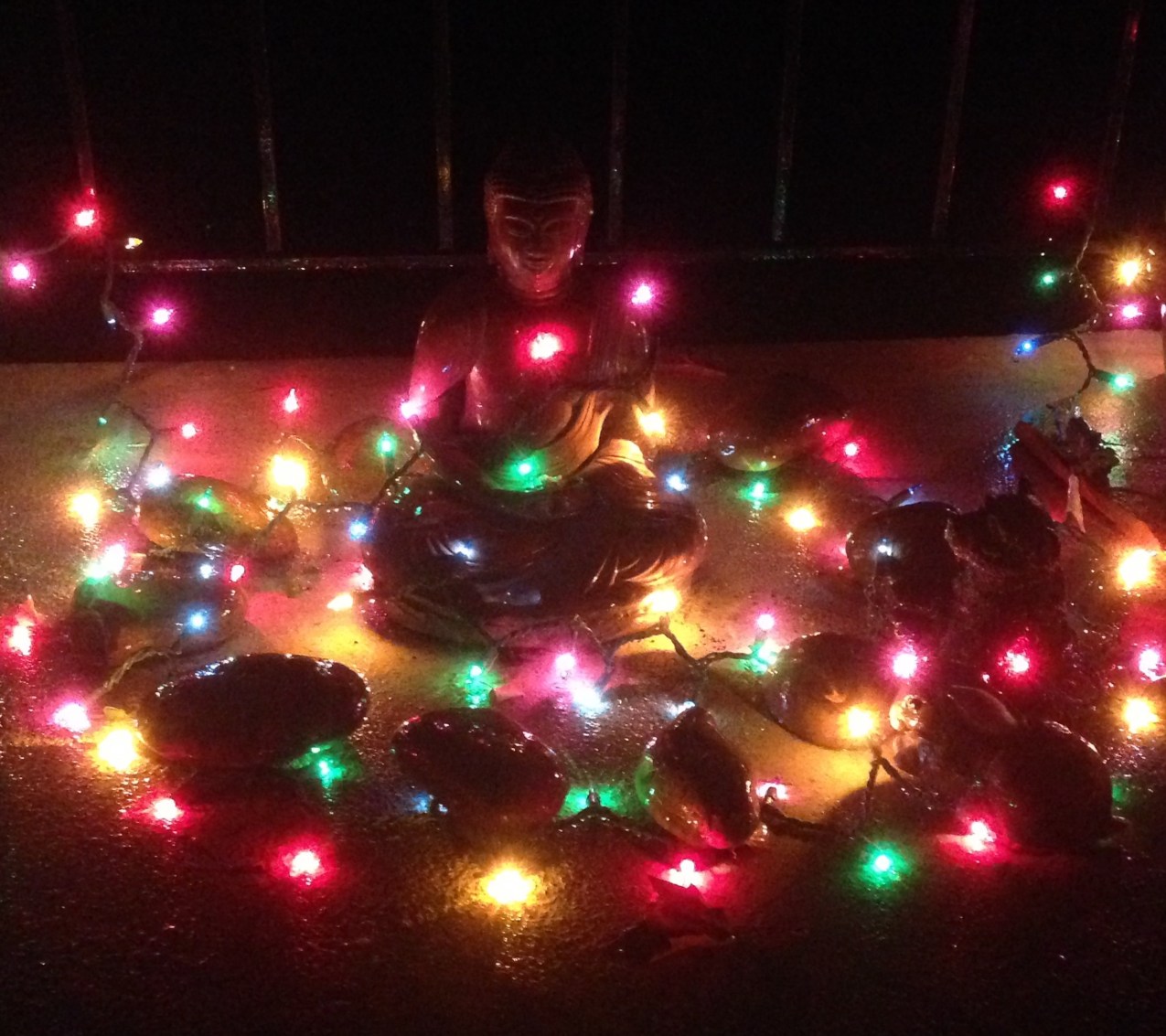Buddha with Christmas lights